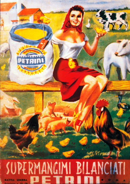 Manifesto-pubblicitario,-mangimificio-Petrini,-Basti-Umbra-(Perugia)-anni-'60